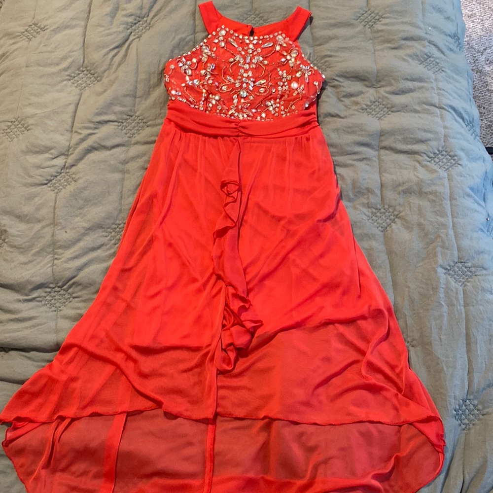 Girls formal dress, high low, girls size 14, coral color, jeweled dress.
